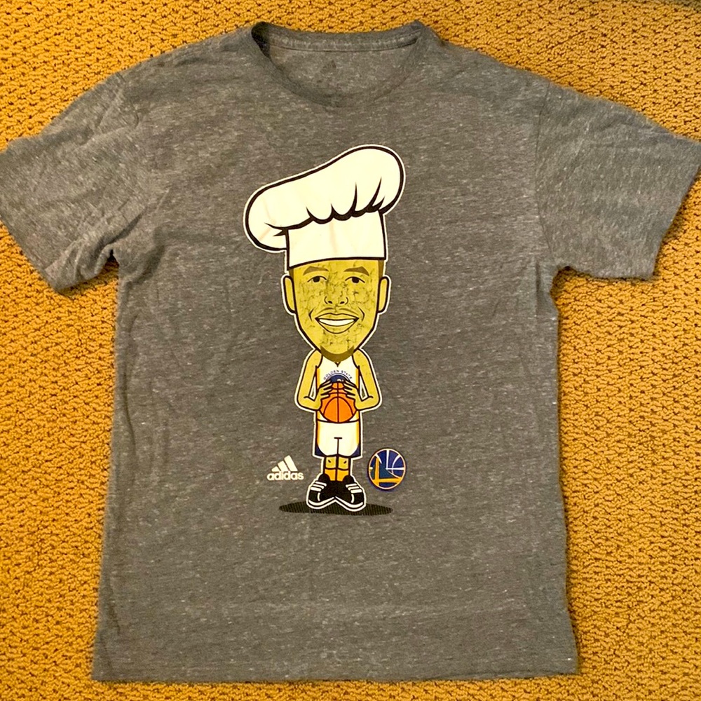 Adidas, small grey graphic t-shirt.
